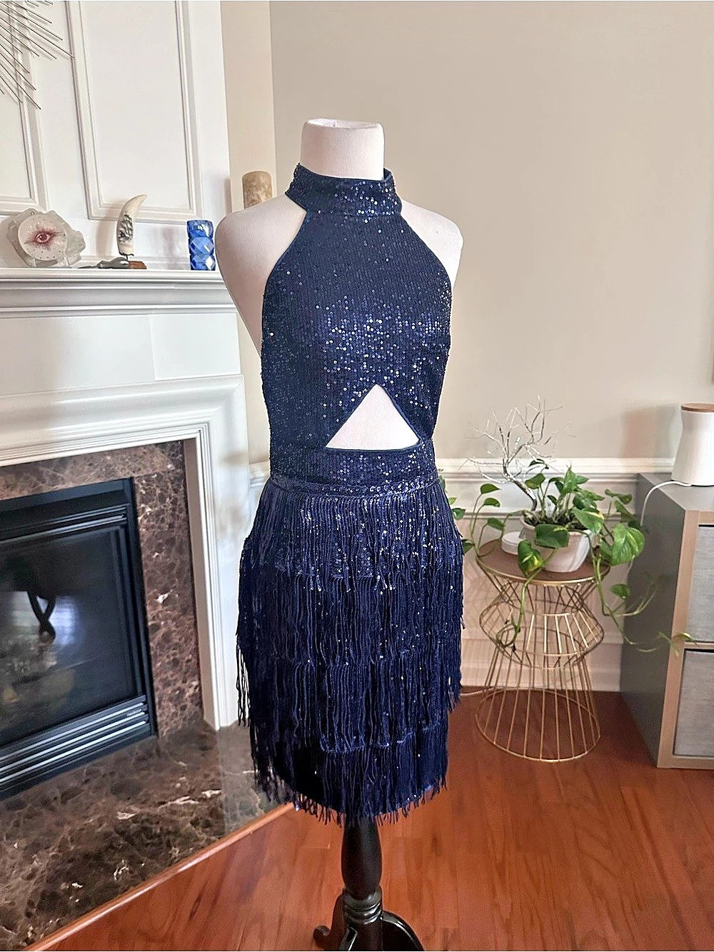 Sequin Fringe Mini Dress in Dark Blue Like New Flapper Vibes